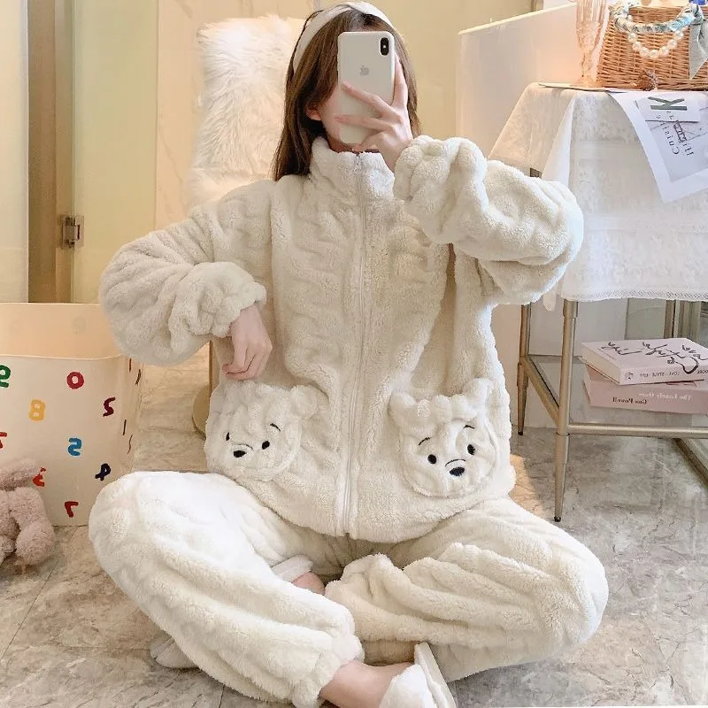 2023 New Coral Velvet Pajamas Women Warm Thick Loungewear Autumn Winter Plush Sleepwear Cartoon Zipper Style Flannel Homewear