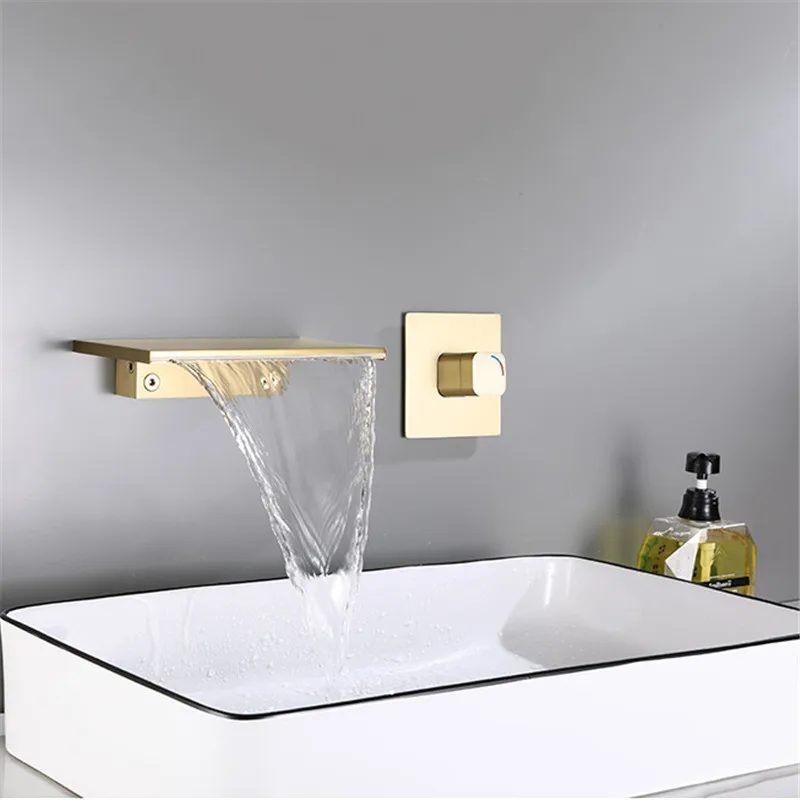 

Gun Grey Bathroom Basin Faucets Soild Brass Sink Mixer Hot & Cold In-Wall Single Handle 2 Holes Lavatory Crane Waterfall Taps