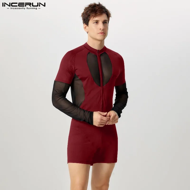American Style Stylish Jumpsuit Men Sexy Hollow Design Splicing Mesh Jumpsuit Loungewear Male Long Sleeved Bodysuit INCERUN