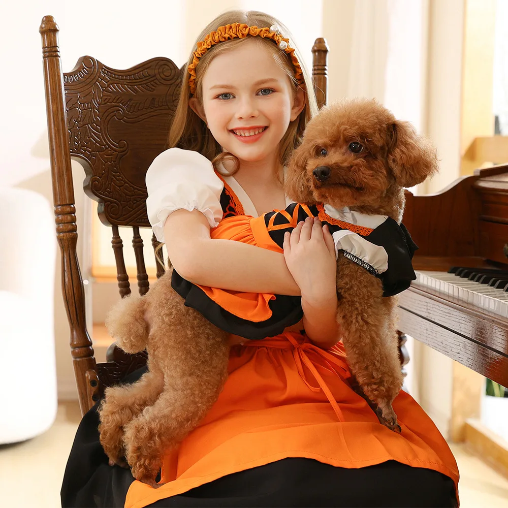 German Beer Festival girls' performance costume Halloween pet dog cosplay Costume orange set for Kid girls and pet