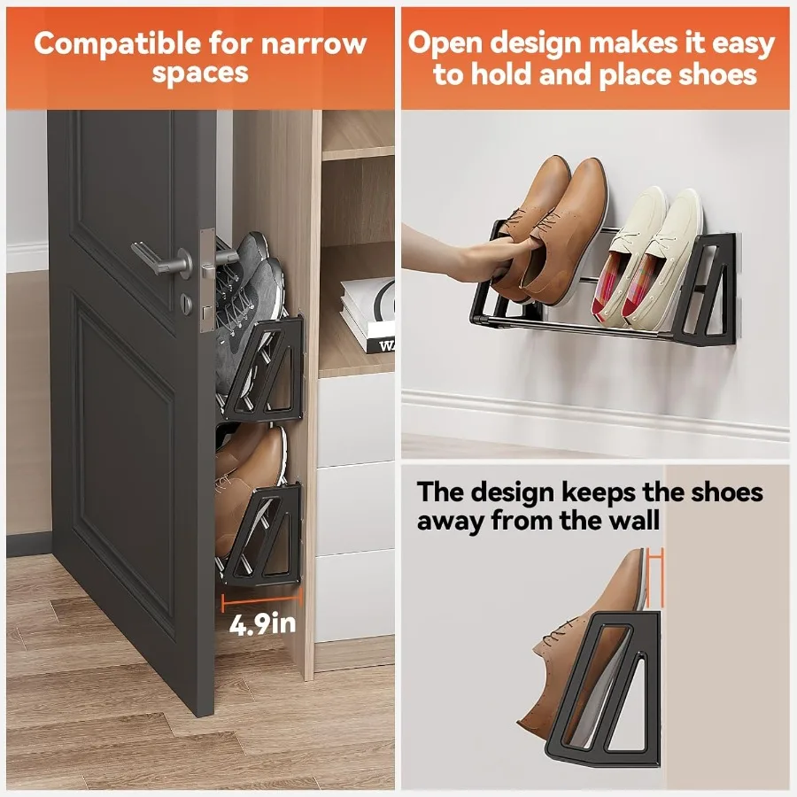Wall Mounted Shoe Rack 3 Pack Wall Shoe Rack Holds 6 pairs of shoes with Sticky Adhesive Strips shoe organizer Space Saving Sli