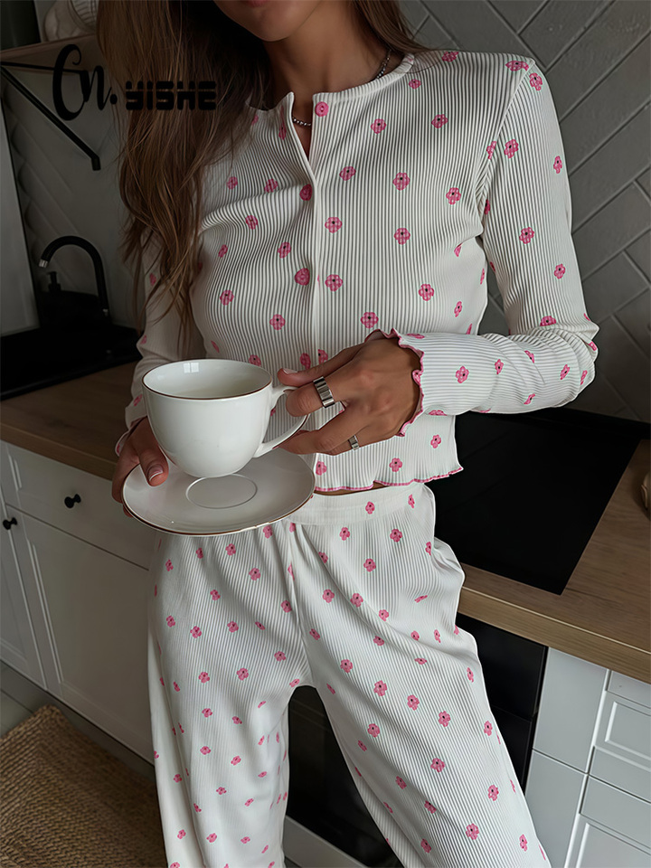 CNYISHE Flower Prints Button Long Sleeve O Neck Pajams Women Sets Sheath Casual 2-Pieces(Tops+Pants) Female Elastic Suits