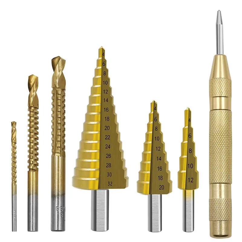 

7 Pcs HSS Step Drill Bit Set Woodworking Conical Center Punch Spiral Twist Saw Drill Bit For Woodworking Metal Core Hole Opener