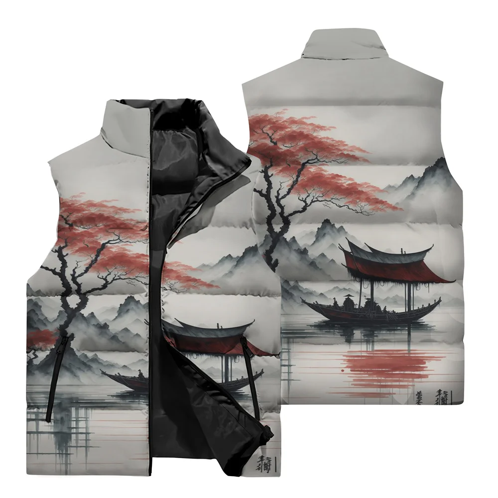 thumbnail image 5 of Chaleco sin mangas de otoño e invierno para hombre, nuevo, con estampado japonés Ukiyoe, ropa para exteriores, para caminar por la calle, resistente al viento, cálido, chaleco superior, 5 of 5