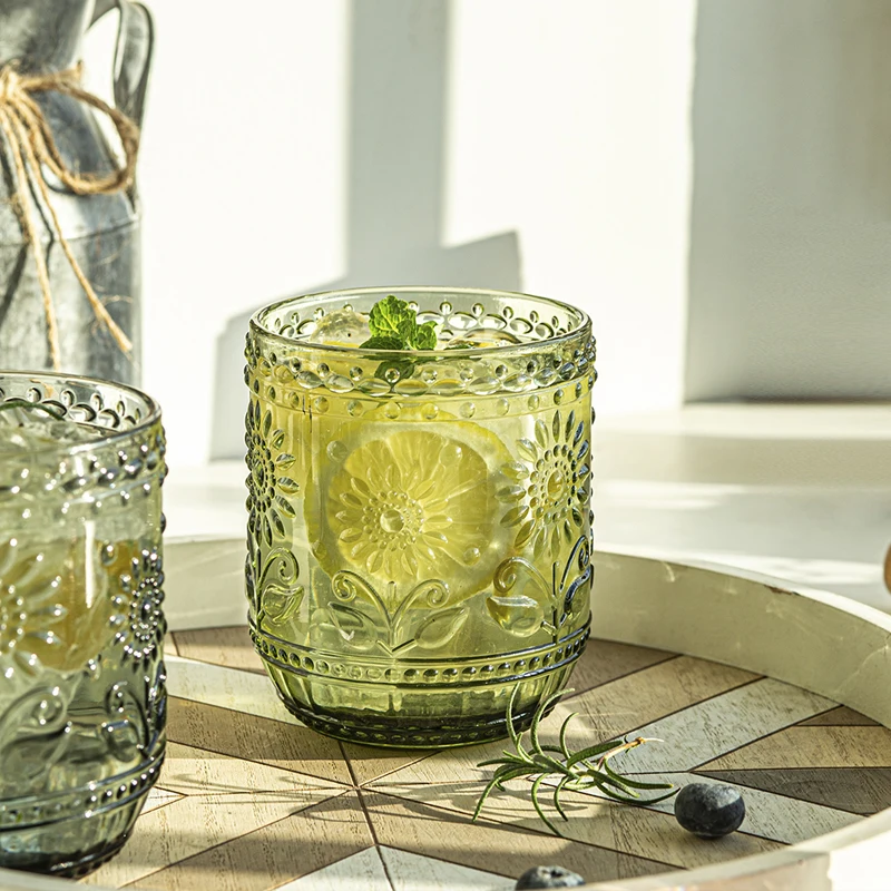Drinking Glass 360ML Creative Embossed Glass Petal Water Cup European Juice Wine Glass Home Party Drink Cup Ins Style