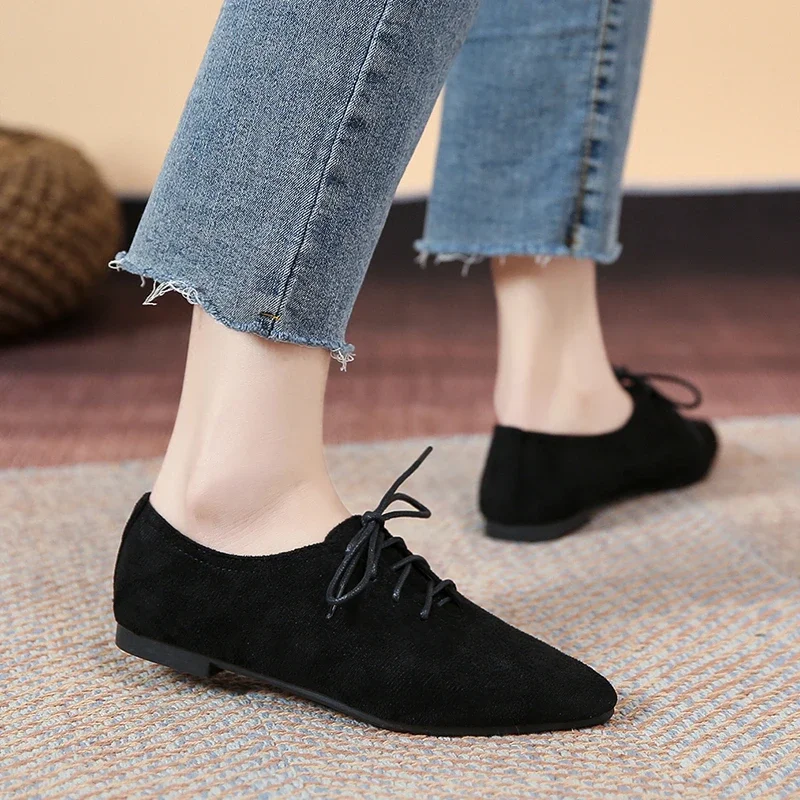 Fashion Pointed Shoes Female Shoes Daily Casual Shoes Classics Black Lace-Up Comfortable Flats Women's Flat Shoes 2022 Autumn