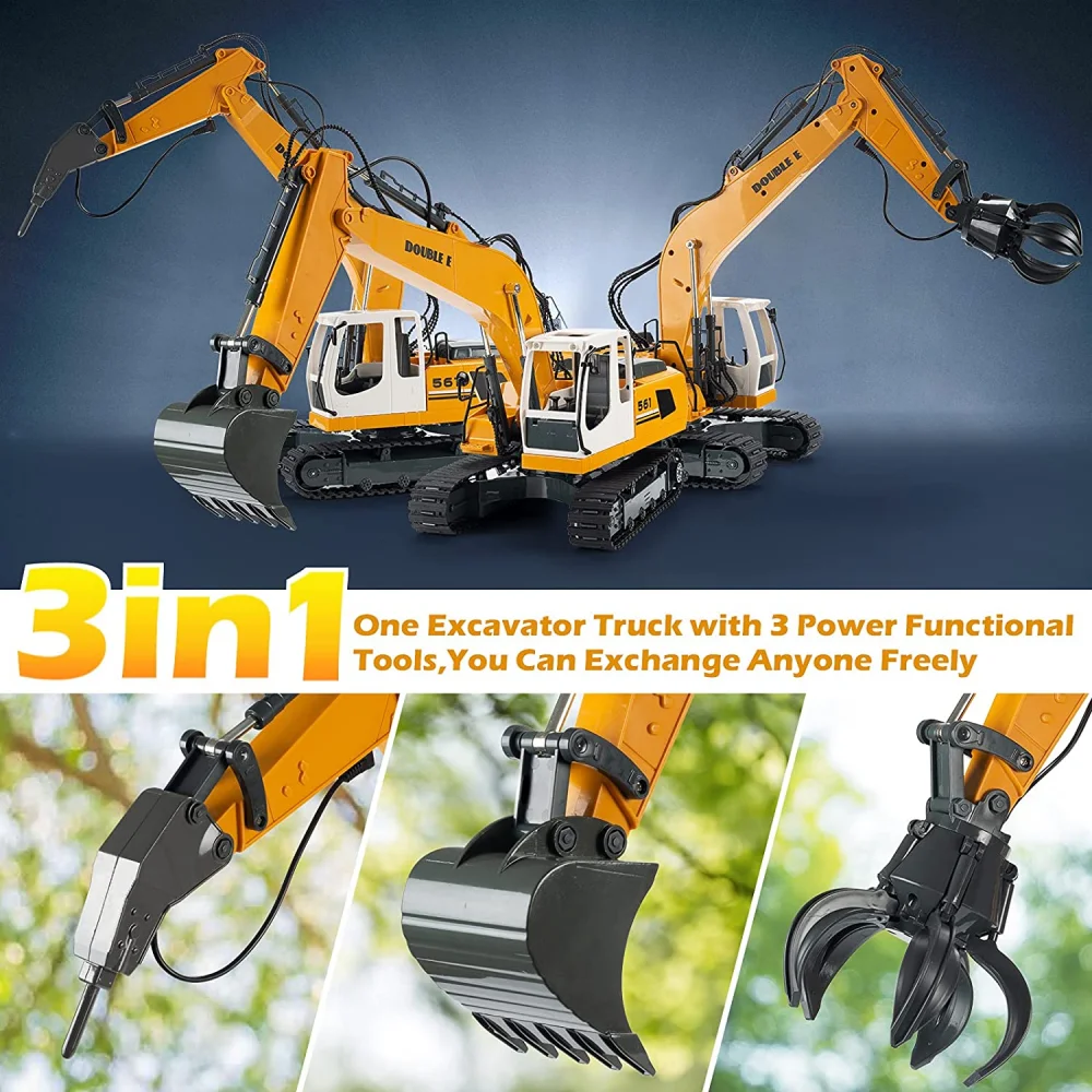 Double E E561 RC Excavator 1/16 Alloy 3 In 1 Hammer Bucket Gripper With Mini Basketball Engineering Vehicle Kids Toys Boys Gift 5