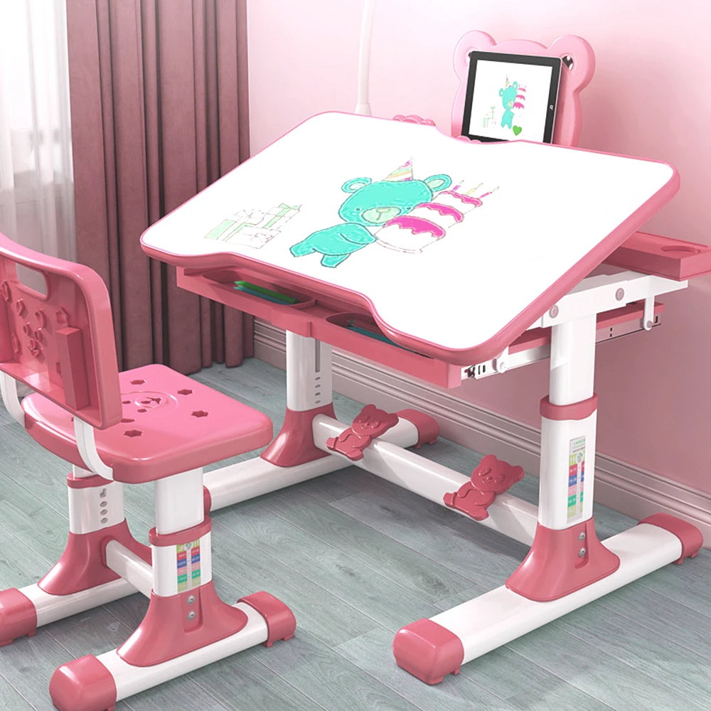 Pink Ergonomic Adjustable Children's Desk And Chair Set Reading Stand Children Desk Set With Table Top, Bookshelf, Metal Hook