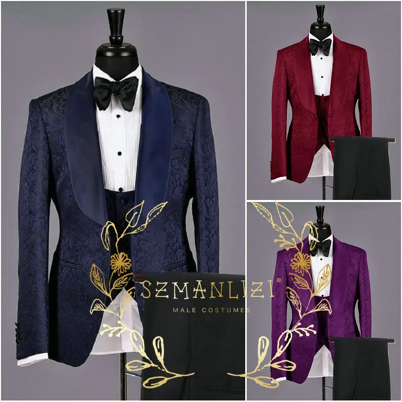 

2023 темно-синие жаккардовые индивидуальные деловые мужские костюмы, свадебные костюмы из 3 предметов для мужчин, блейзер для мужчин