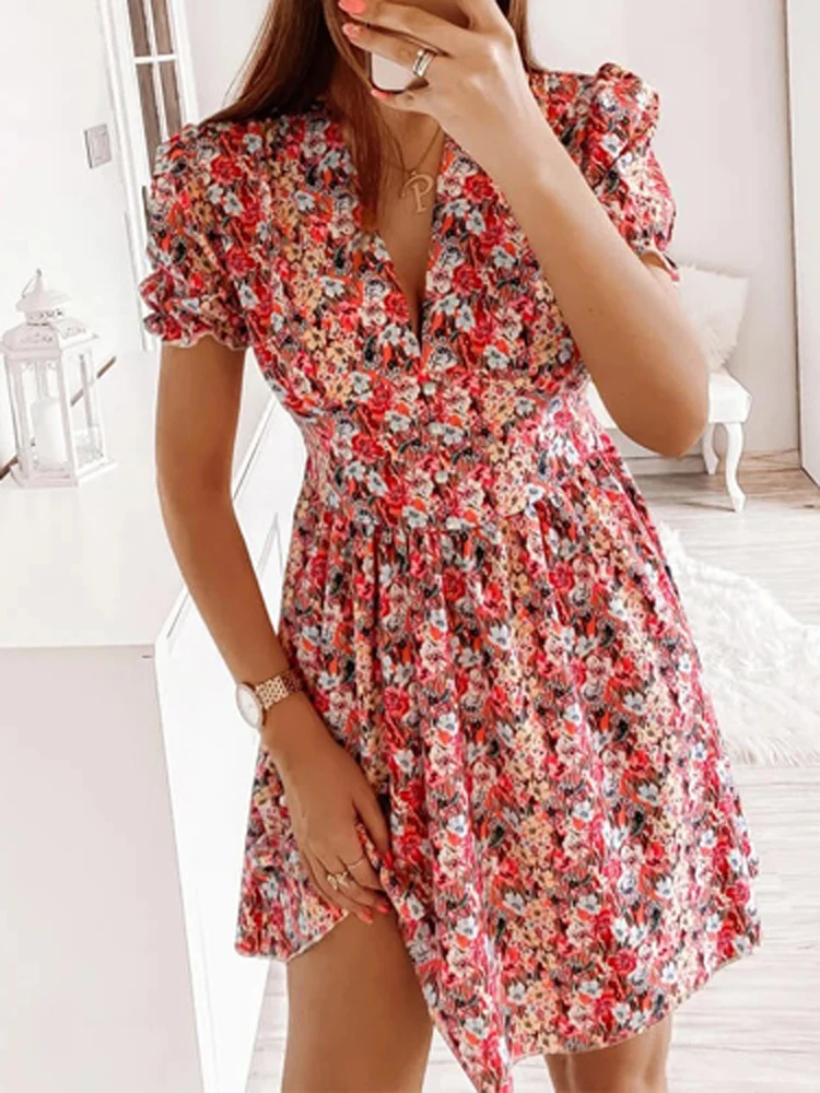 Sweet Printed 3/4 Sleeves Draped Women Dress 2022 Summer Elegant Holiday Girly Dresses Sexy V-Neck Waist-Up Bohemia Mini Dress