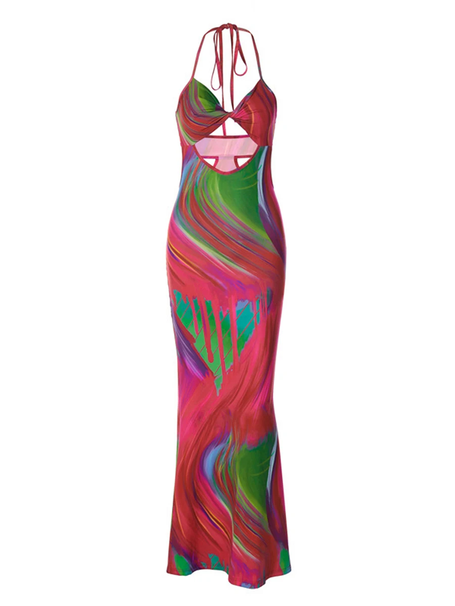 

Women s Halter Bodycon Long Dress Sleeveless Spaghetti Strap Cutout Abstract Print Party Dress