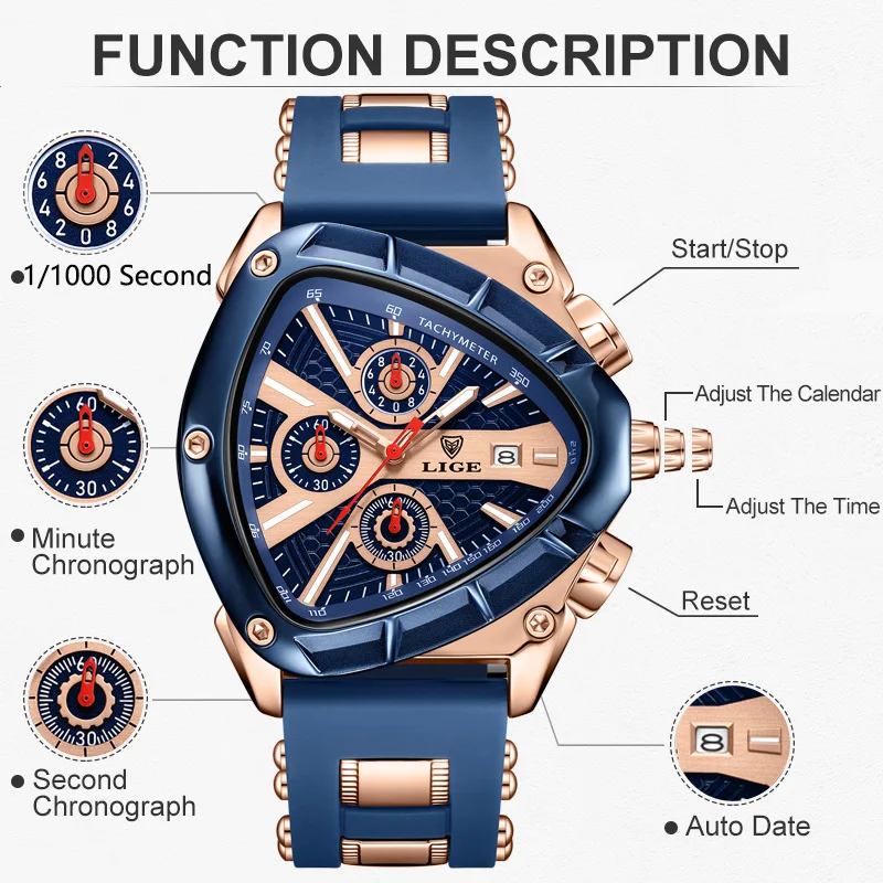 LIGE Sports Triangle Mens Watches Luminous Pointers Fashion