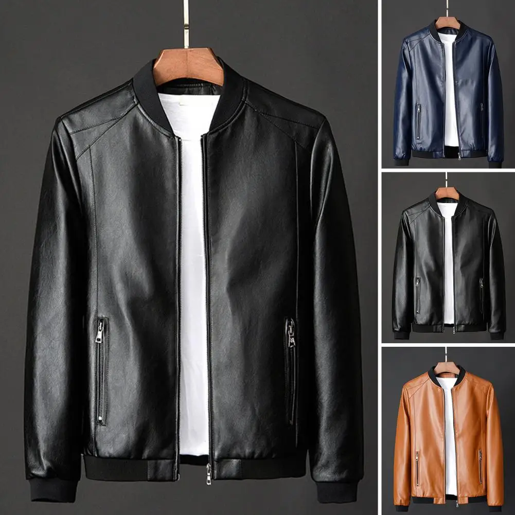 

2023Motorcycle Jacket Mens Slim Fit Short-Coat Collar PU Jackets Winter Autumn Zipper Stand Windproof Leather Coat