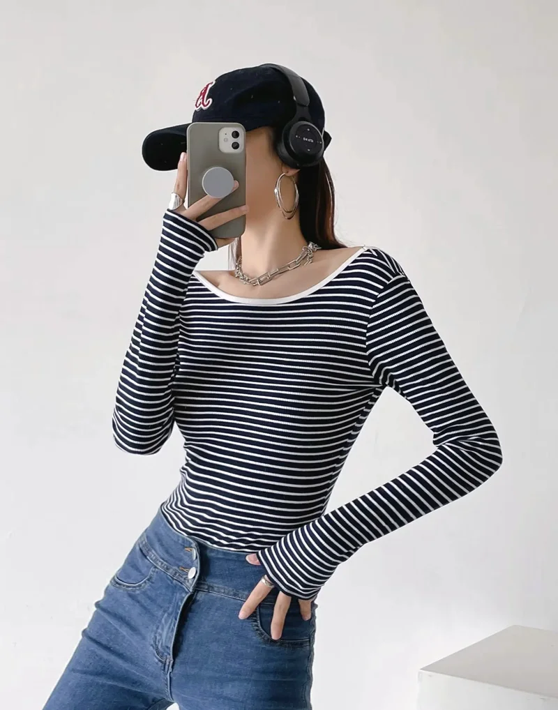 Women Cotton Low Back Long Sleeve Black And White Striped Bodysuit