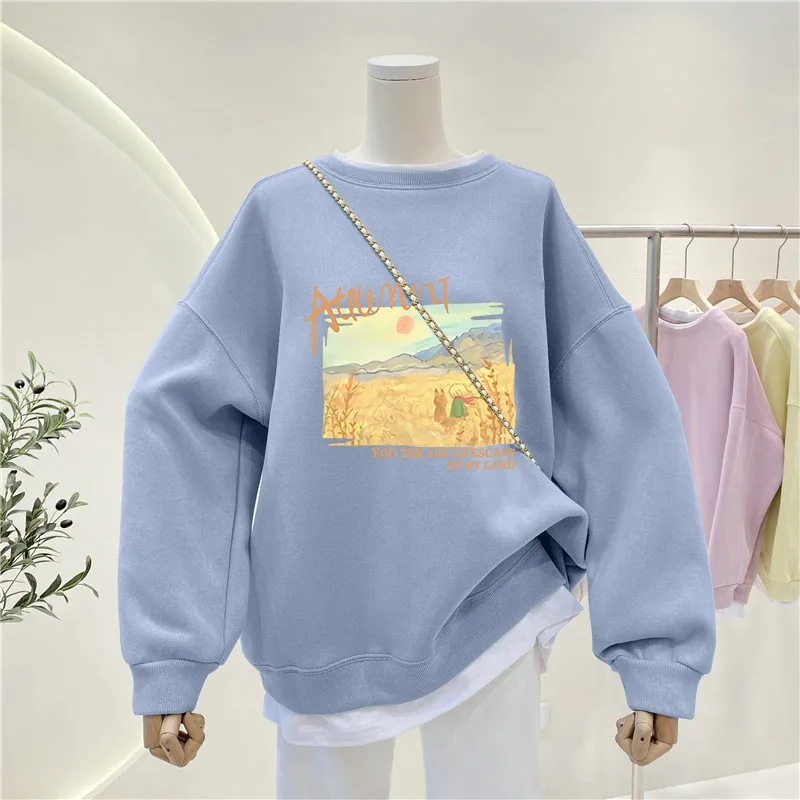 

Plus Size Sweatshirt Autumn Winter Thick Warm Coat Women Men Fake Two Pieces Scenery Print Pullover Couple Oversized Hoodies