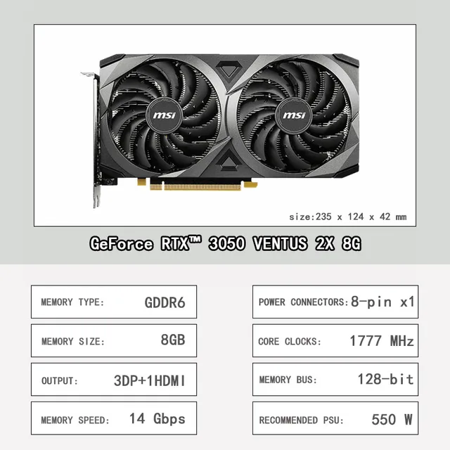  New MSI GeForce RTX 3050 8G GAMING X VENTUS 2X AERO ITX RTX3050 14000MHz 128Bit Support AMD Intel Desktop CPU LHR 