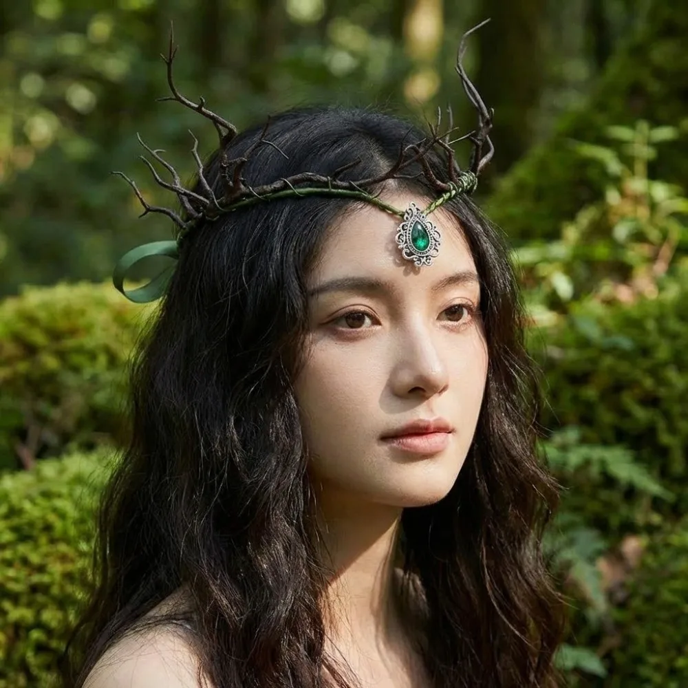 사진 촬영용 비네 엘프 왕관, 라인스톤 장식 엘프 티아라, 판타지 나무잎 모양 요정 머리 장식, 할로윈 코스프레