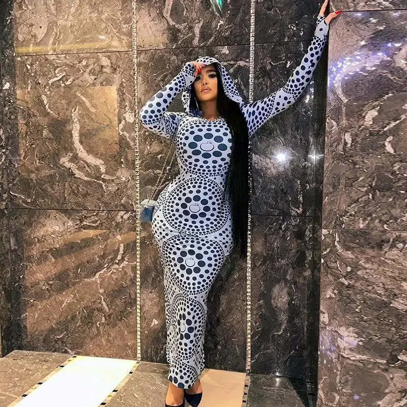 461011001 Fashionable dot print hooded long sleeved buttocks wrapped slim fitting dress for street trendy women