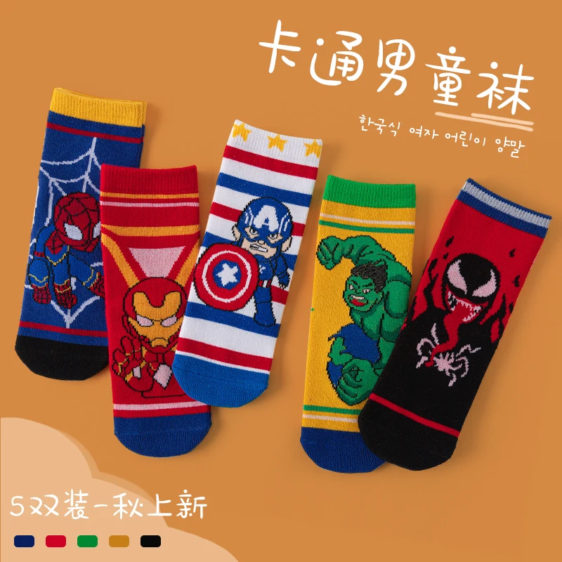 Cotton Middle Tube Cartoon Socks 5 Pairs Children Socks Spiderman Boy's Socks Spring Autumn Size 1-12 Year