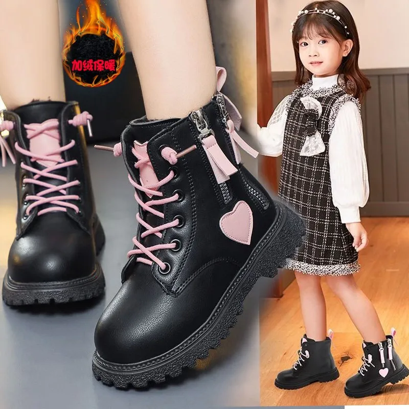 Girls Boots 2023 Spring New Assorted Korean Style Cute Double Zip Non-slip Kids Fashion Pink Heart Versatile Child Ankle Boots