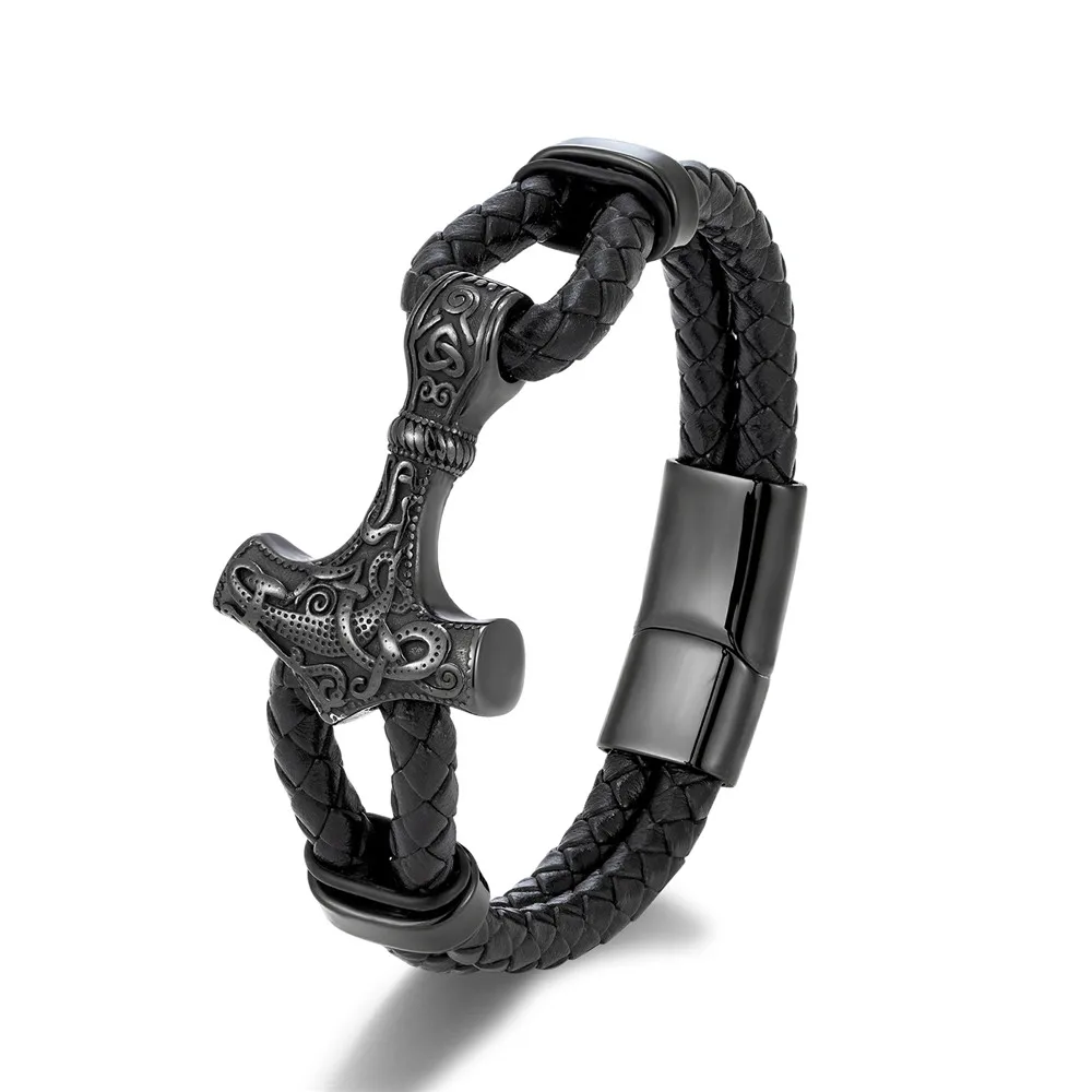 MKENDN Gothic Punk Mens Black Leather Braided Wristband with Thor's Hammer Pendant Leather Cuff Wristband Stainless Steel Buckle