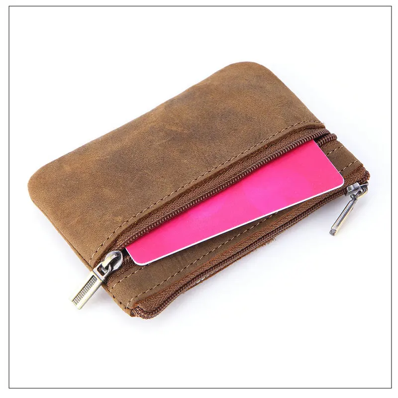 Vintage Genuine Leather Coin Purse with Keychain - Cowhide Zipper Wallet & Key Holder