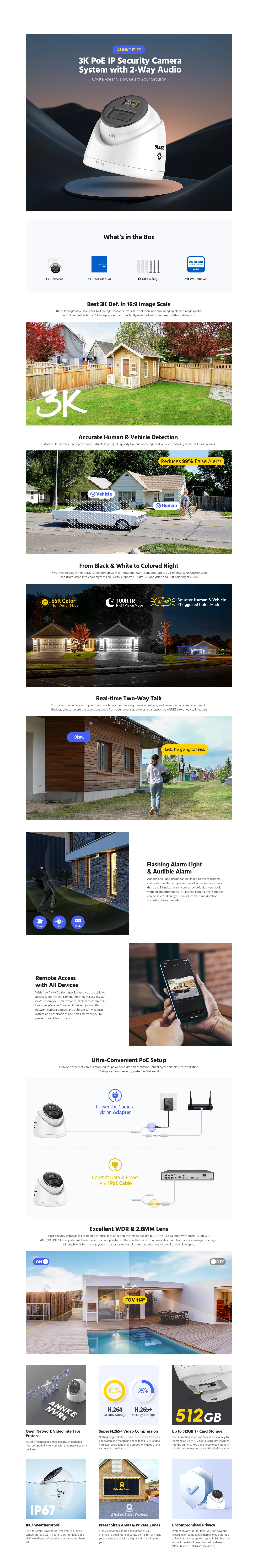 Prednji pogled na 3K IP PoE sigurnosnu kameru montiranu na otvorenom