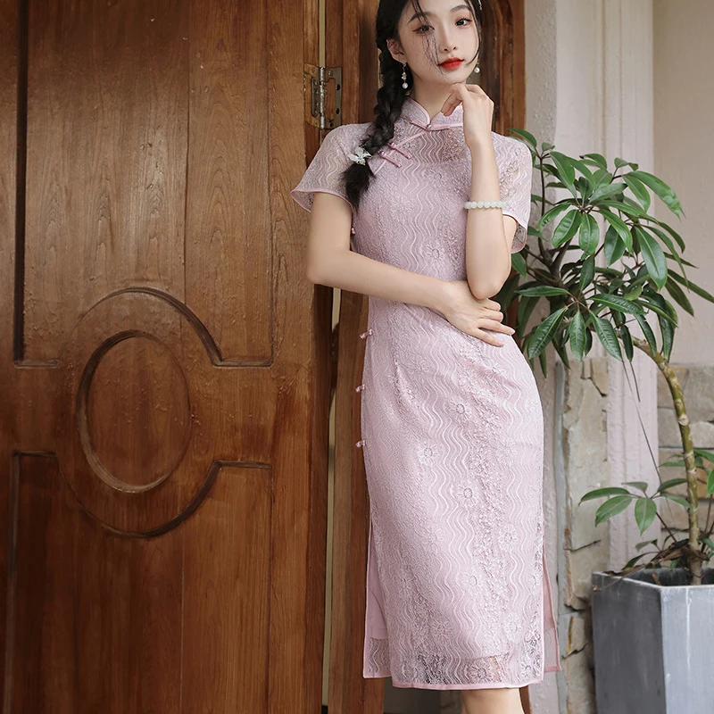 Plus Size 3XL 4XL Chinese Women Lace Qipao Sexy Spilt Cheongsam Mandarin Collar Novelty Chinese Dress Elegant Lady Party Dress
