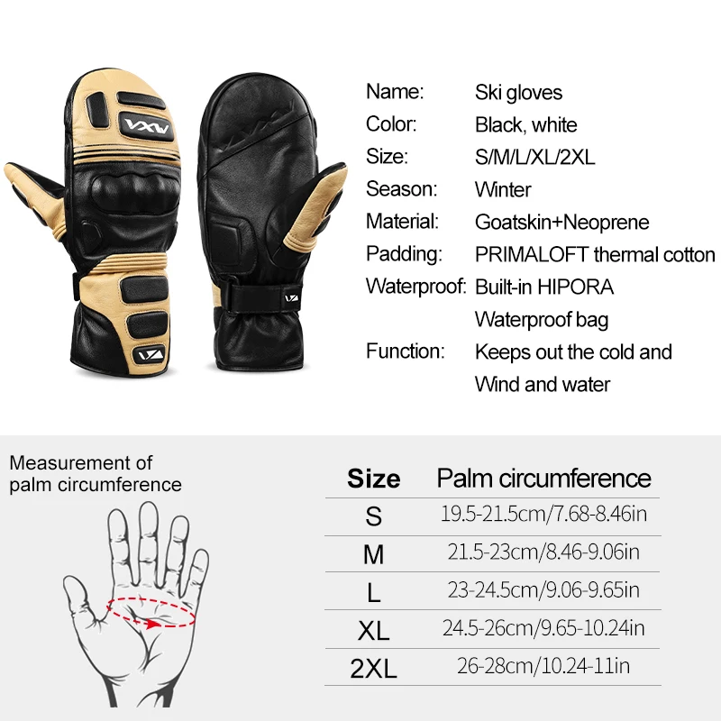 VXW Leather Ski Gloves Waterproof Thermal Fleece Lining Goatskin Mittens Snowboarding for Winter Outdoor Snow Gloves Women Men
