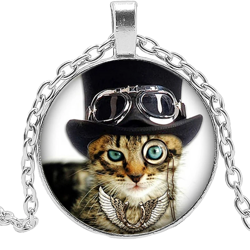 

2019 Hot Creative Punk Cat Doctor Time Crystal Glass Convex Round Pendant Necklace Clothing Sweater Chain Jewelry
