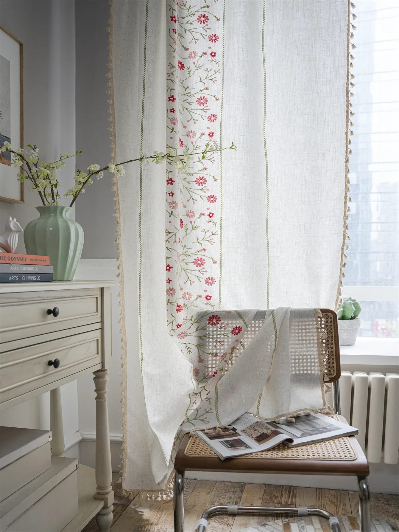 

Farmhouse Semi Blackout Curtains Bedroom Linen Curtains Embroidery Floral Tassels Curtains Living Room Vintage Country Curtain