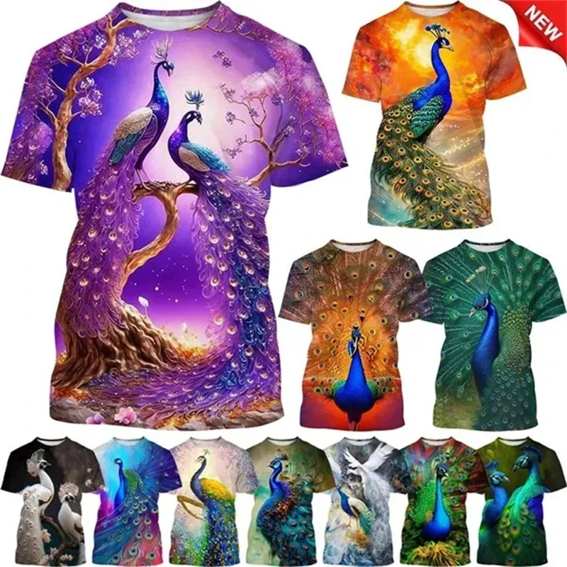 

Male and female peacock 3D printed T-shirt, round neck short sleeved casual top, animal feather fan, fashionable, affordable, ne