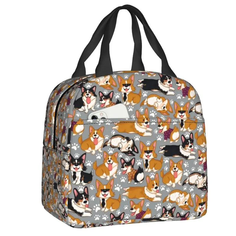 

Light Grey Mixed Corgi Pattern Resuable Lunch Box Multifunction Cooler Thermal Food Insulated Lunch Bag School Children Student