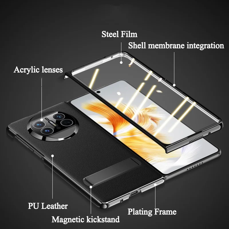 For Huawei Mate X3 Case Luxury Premium Leather Kickstand Glass Screen Protector Flip Cover with Bracket for Huawei Mate X3
