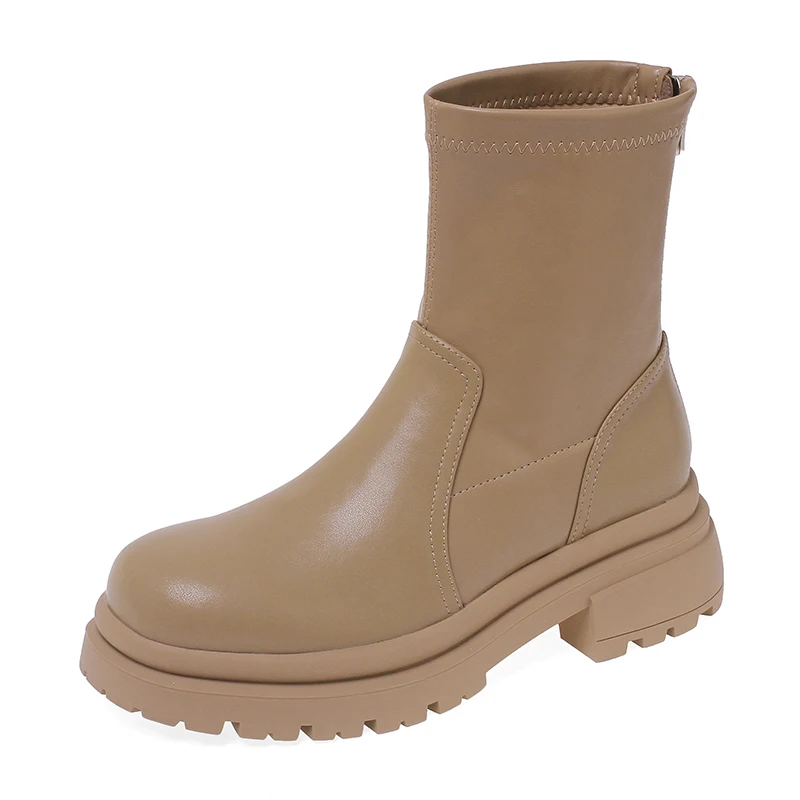 

Women Back Zipper Stretch Boots Ladies Black Apricot Autumn Winter Ankle Boots Female Square Toe Mid-heel Sewing Short Boots