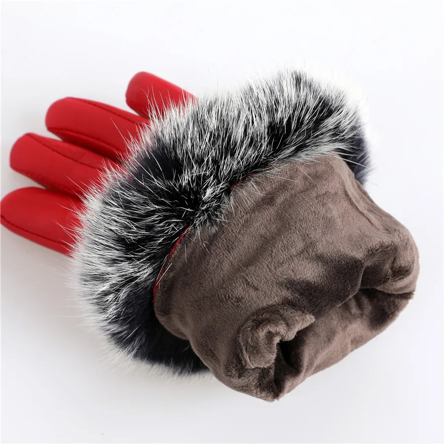 New Arrival Wholesale Women's Real Sheepskin Leather Gloves With Rabbit Fur Cuffs Female Cycling Warm gloves Fleece Lining