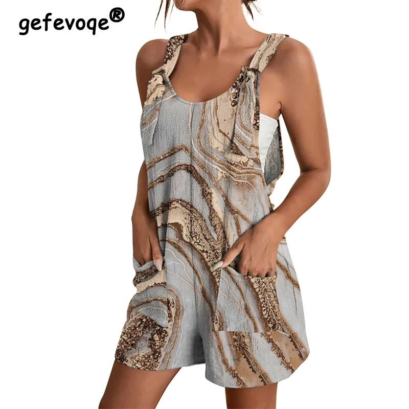 

Summer Fashion Vintage Floral Print Sleeveless Pockets Streetwear Y2K Jumpsuit Shorts Casual Loose Beach Romper One Piece Outfit