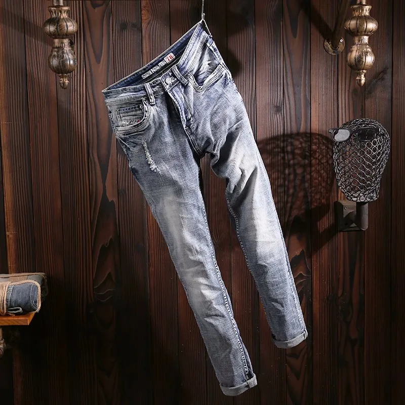 Italian Style Fashion Men Jeans Retro Blue Elastic Slim Fit Ripped Jeans Men Vintage Trousers Casual Designer Denim Pants Hombre