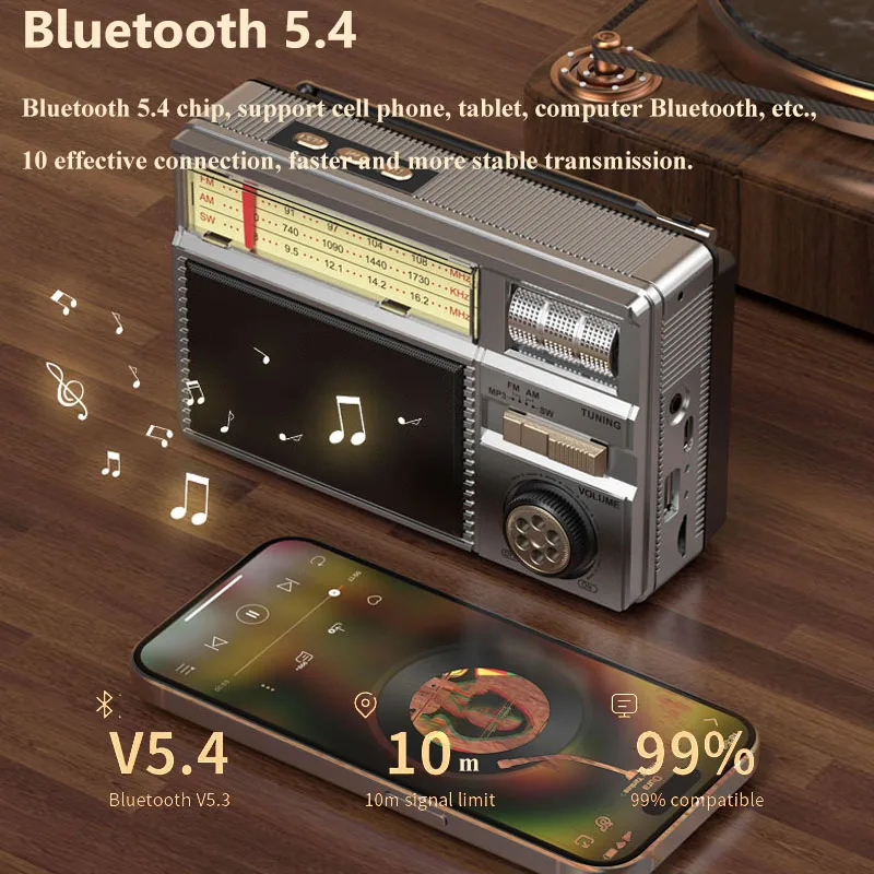 Portable Emergency Full Band Radio Solar Powered Vintage FM AM SW Radios Recevier Wireless Bluetooth Speaker with TF USB Port