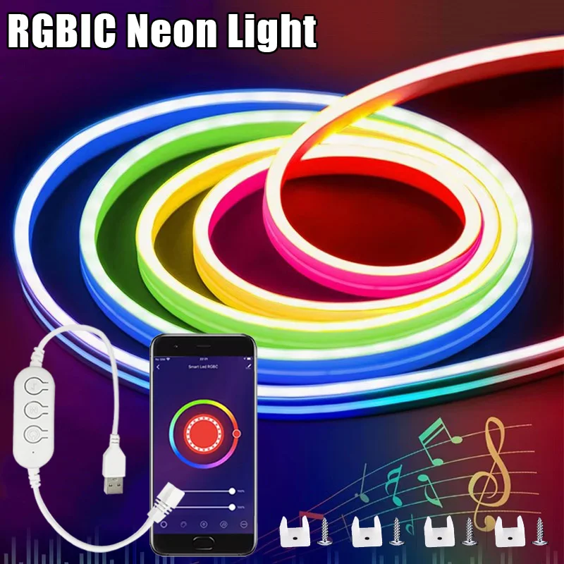 DC5V RGBIC Neon LED Strip Lights Neon Rope Light with Music Sync DIY RGBIC Dreamcolor Chasing Strip Tape for Home Decor Lighting