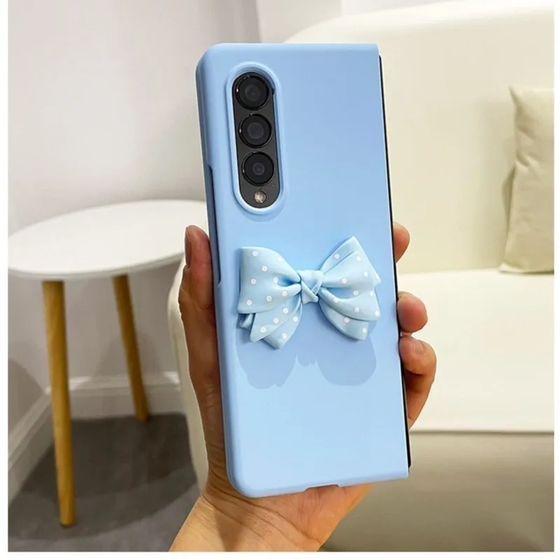 Fashion Cute Polka Dots Big Bowknot Sky Blue Matte Skin Back Phone Case Per Samsung Galaxy Z Fold 4 2 3 Fold3 Z Fold 5 5G Cover