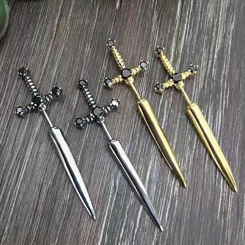 Hip Hop Cross Sword Stud Earrings Women Classic Crystal Stone Silver Ox Gold Color Personality Simple Jewelery