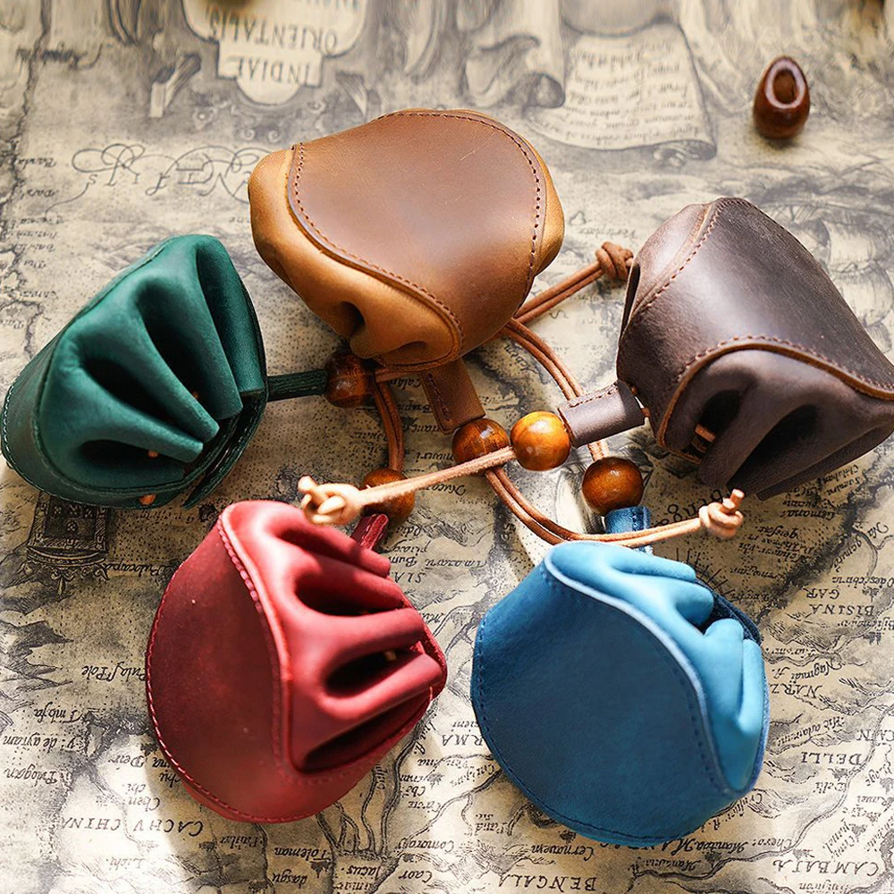 Handmade Leather Drawstring Pouch Portable Cowhide Coin Purse Mini Wallet Stationery Holder