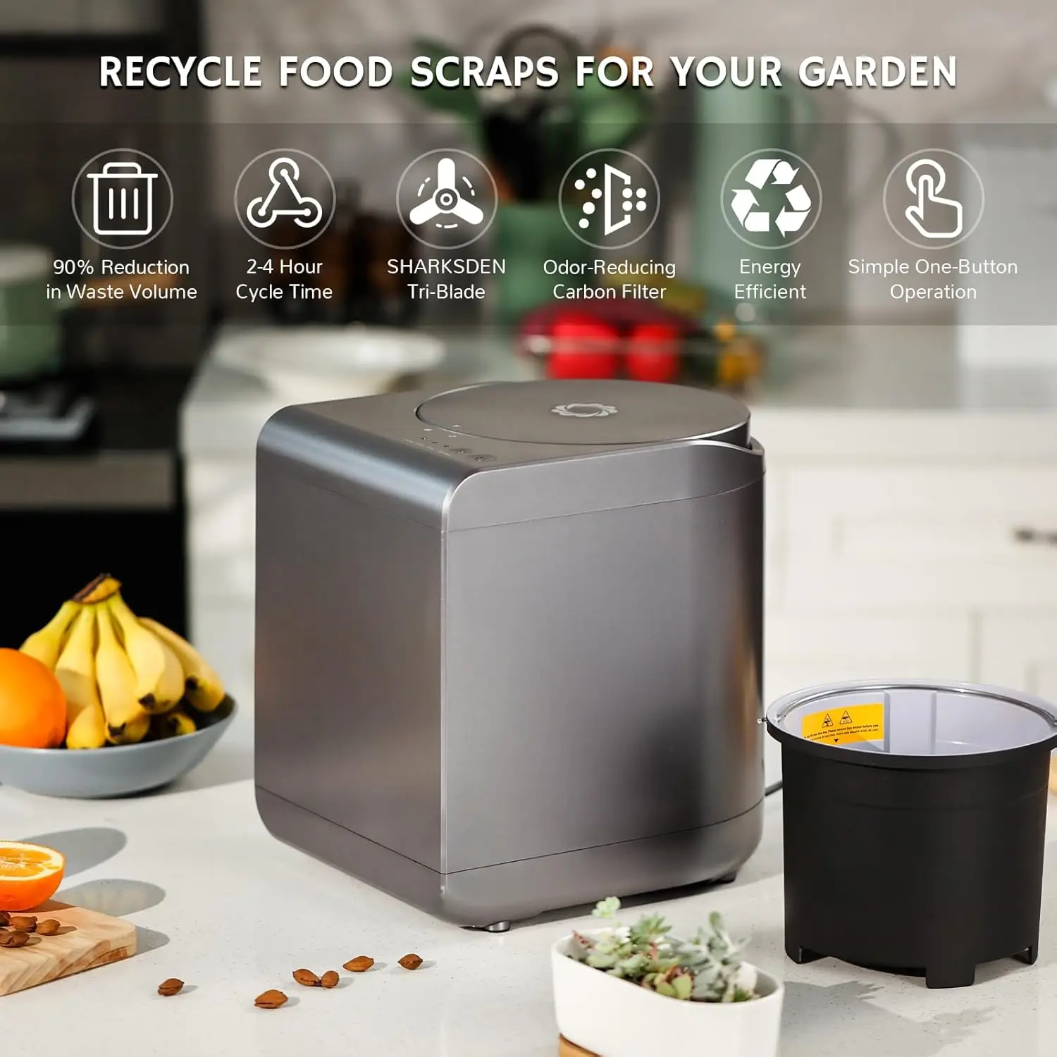 Revive Electric Kitchen Composter, 2.5L Capacity with SHARKSDEN Tri-Blade, Turn Food Waste and Scraps into Dry Compost Fertilize 2
