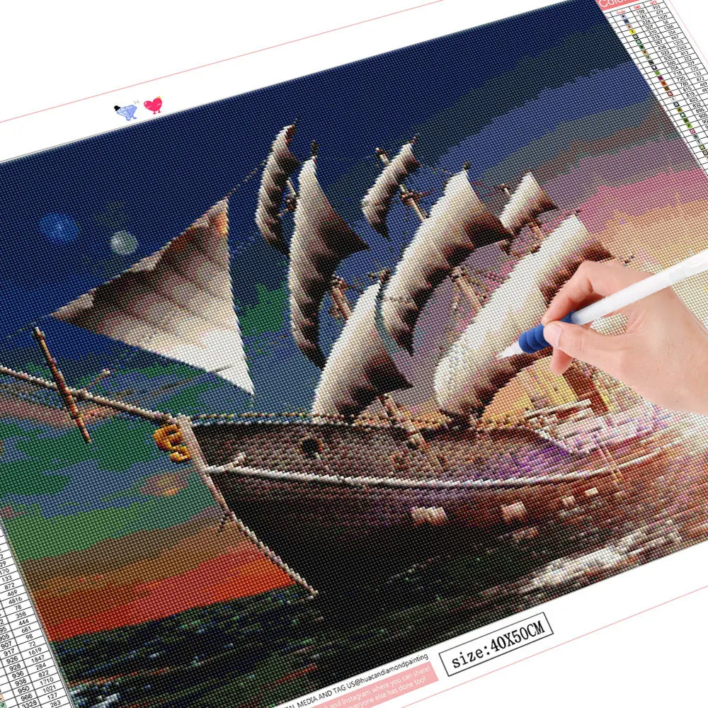 HUACAN Diamond Mosaic Landscape Sunset Full Drill Diamond Embroidery Boat Picture Of Rhinestone Painting Ship Home Decor