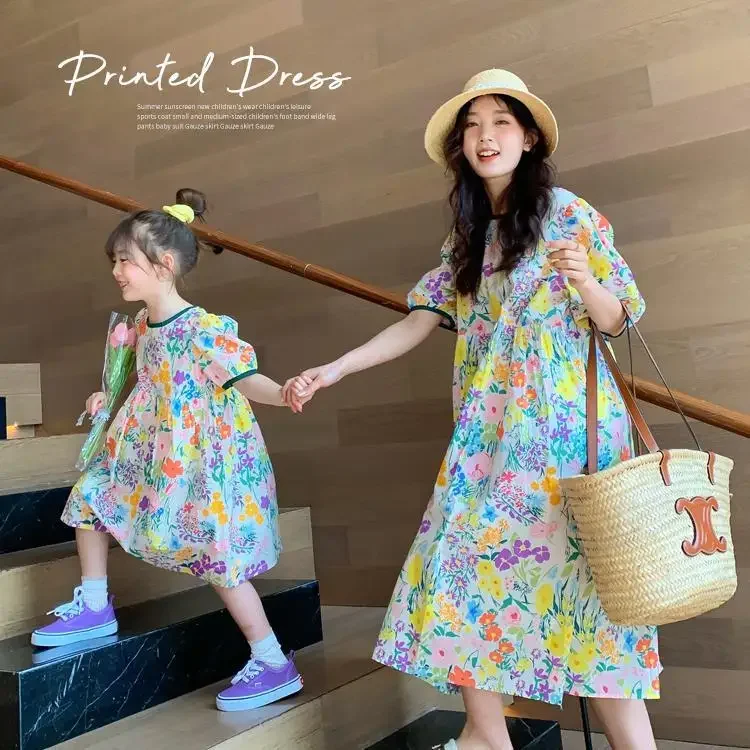 2023 Summer New Light Luxury Fashion Parent-child Dress Mother and Daughter Dress Vacation Short-sleeved Floral Skirt Boutique 2