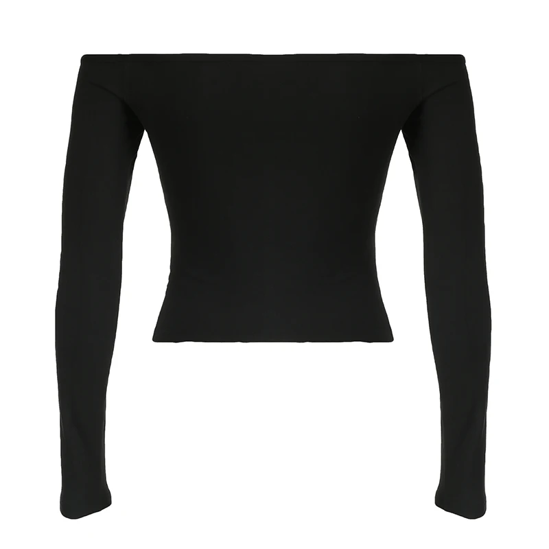 Fashion Contrast Digital Print Long Sleeve T-shirt Off Shoulder Black Y2K Side Striped Crop Top Harajuku Korean Style