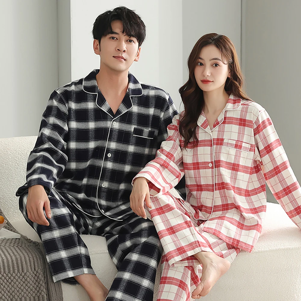 Autumn Winter Comfortable 100% Cotton Pajamas Set for Couples Double Layer Gauze Plaid Couple Sleepwear Soft Loose pijama hombre