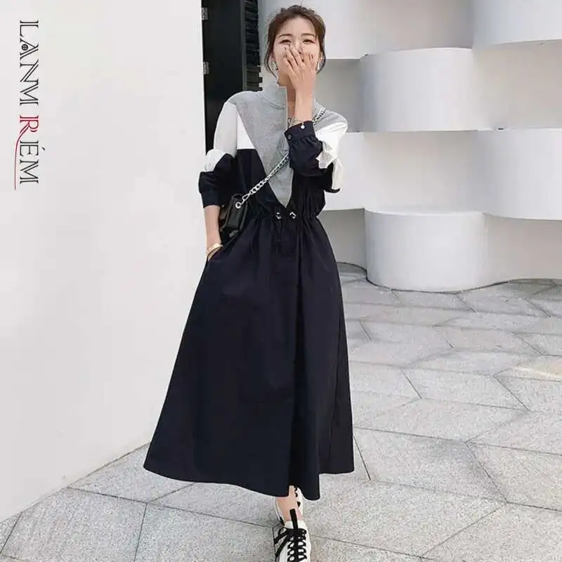 LANMREM 2025 Spring Korean Style Long-sleeved Mid-length Fashion Design Contrast Color Drawstring Stitching Dresses Female 2W144 - AliExpress 200000345 LANMREM 2025 Spring Korean Style Long-sleeved Mid-length Fashion Design Contrast Color Drawstring Stitching Dresses Female 2W144 - AliExpress 200000345