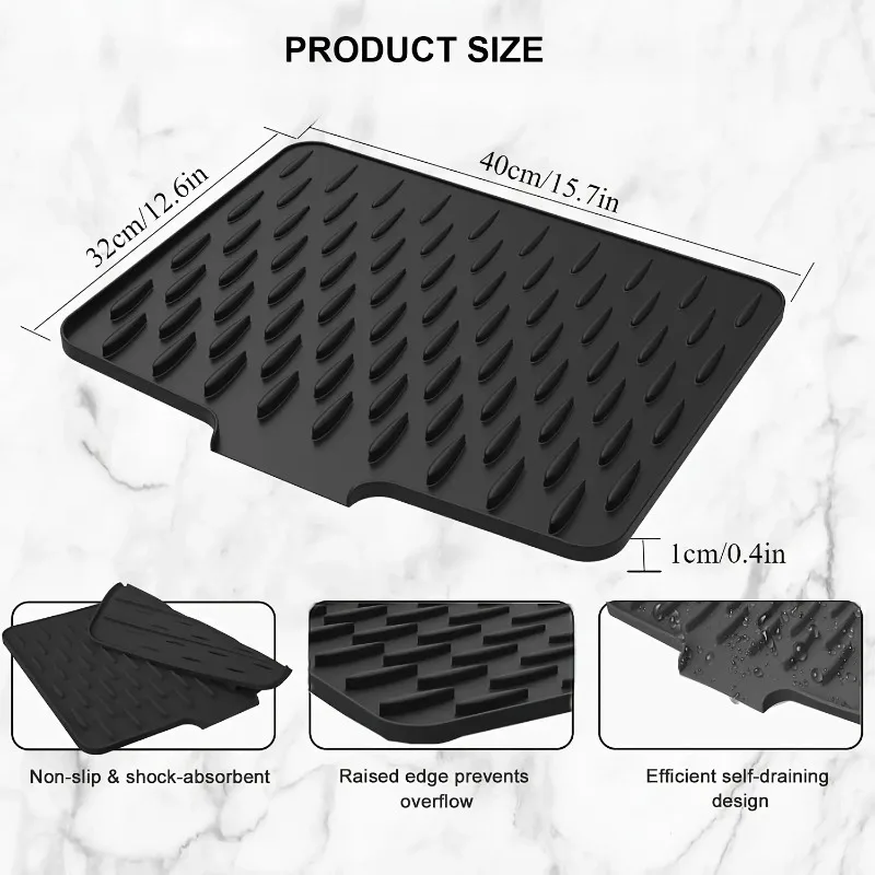 Tapis de vidange de cuisine en silicone antidérapant avec conception de drainage intégrée, résistant à la chaleur et facile à nettoyer, adapté aux comptoirs